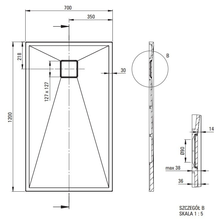 Brodzik granitowy prostokątny 120x70 nero czarny Correo Deante