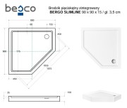 Brodzik pięciokątny zintegrowany biały Besco BERGO SLIMLINE 90x90x15