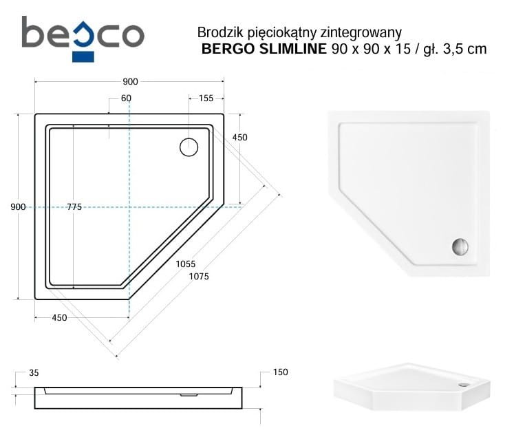Brodzik pięciokątny zintegrowany biały Besco BERGO SLIMLINE 90x90x15