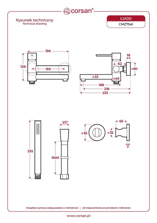 Bateria wannowa ścienna corsan lugo cmz7541bl z zestawem natryskowym czarna