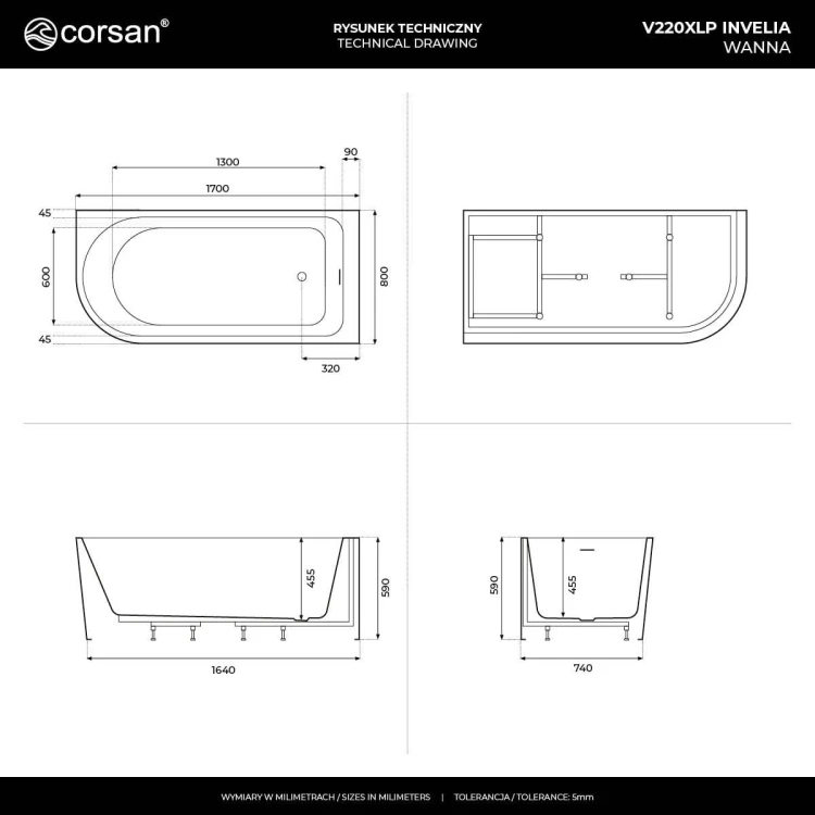 Wanna narożna invelia v220xlpch 170x80 cm montaż prawostronny korek klik klak chrom