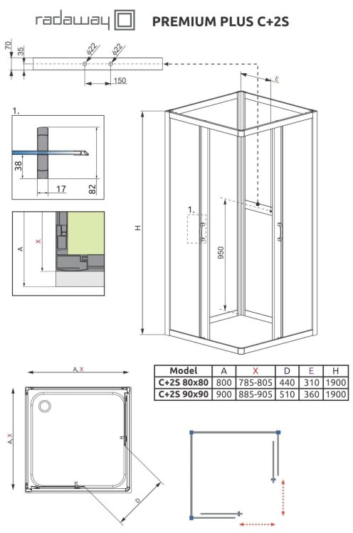 Kabina 4-ścienna Radaway Premium Plus C+2S 90x90x190 szkło przejrzyste