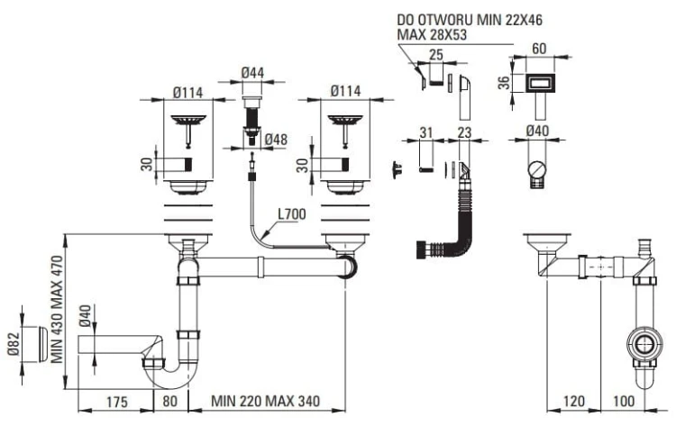 Syfon do zlewozmywaka granitowego 1.5- i 2-komorowego Space-Saver