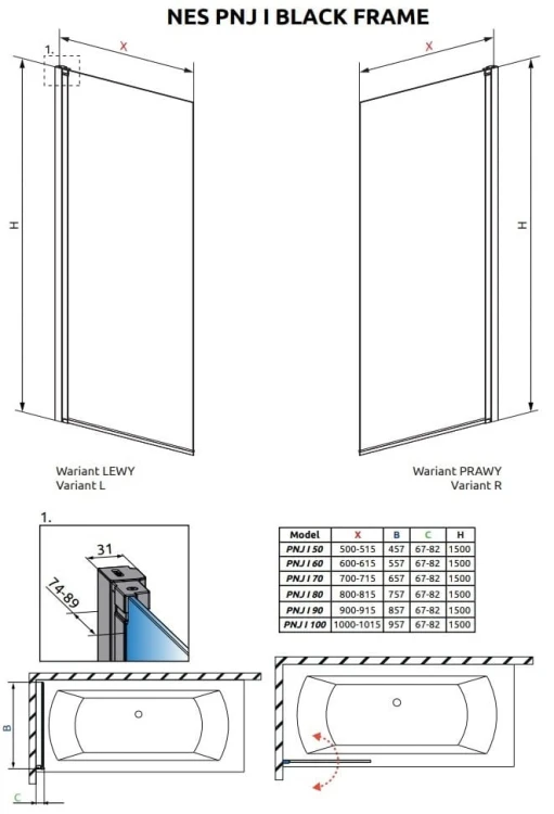 Parawan nawannowy Radaway Nes Black PNJ I Frame lewy