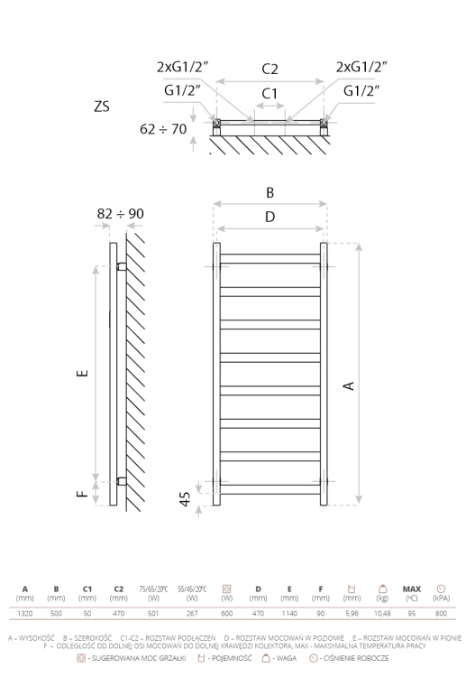 Grzejnik łazienkowy elektryczny Lungo Black 1320 z grzałką Black Lavita