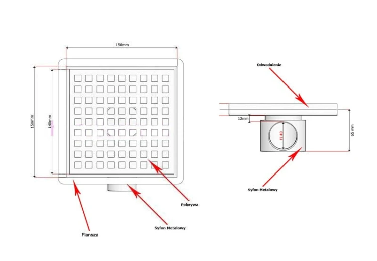 Wpust podłogowy z metalowym syfonem Kesmet Point 15x15 cm z pokrywą