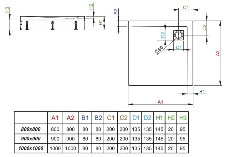 Brodzik kwadratowy Radaway Argos C z nóżkami 90x90x14,5x2
