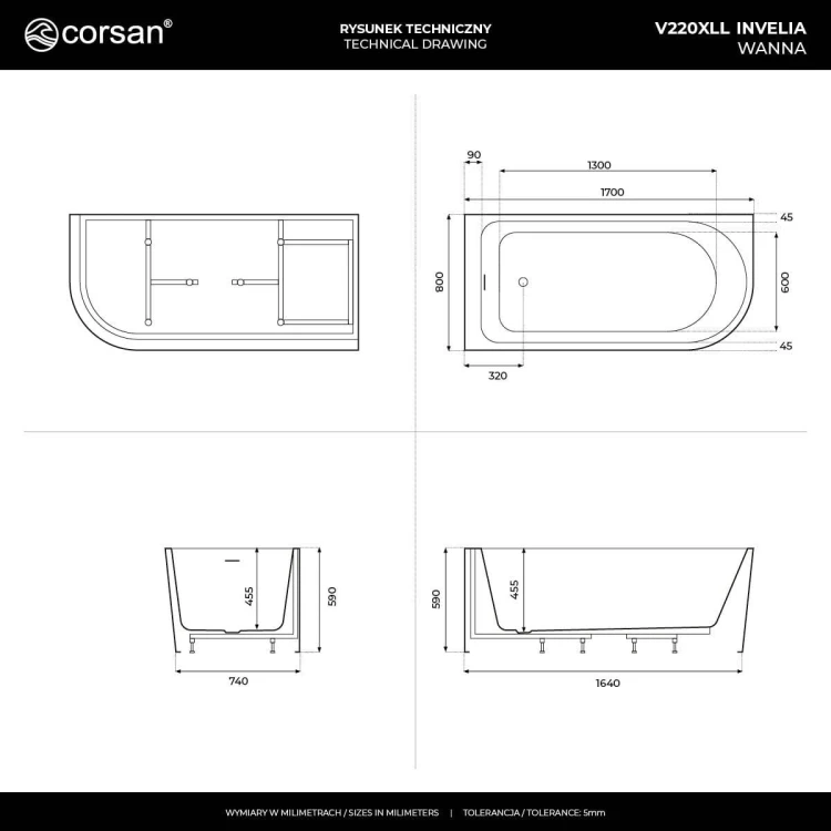 Wanna narożna invelia v220xllch 170x80 cm montaż lewostronny korek klik klak chrom