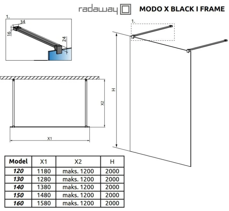 Kabina prysznicowa Radaway Modo X Black I Frame 160x200