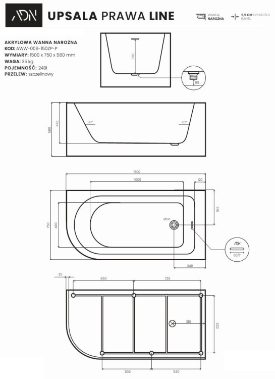 Wanna narożna UPSALA LINE prawa 150x75 AD NATURALNIE
