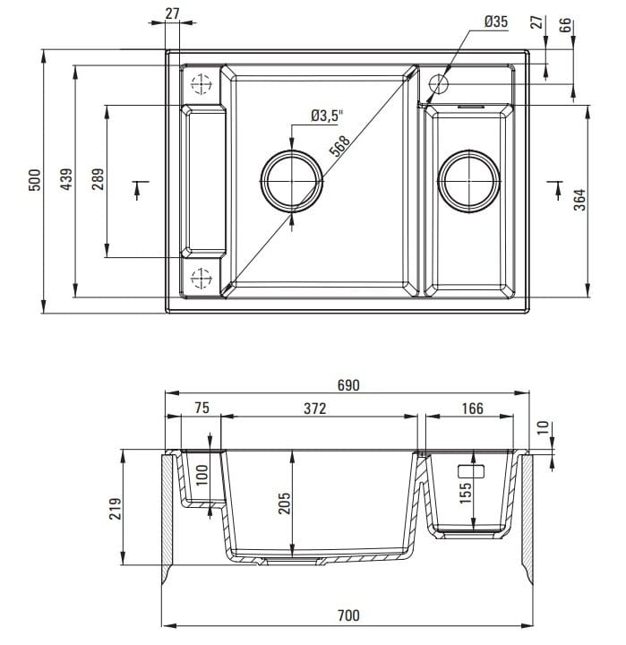 Zlewozmywak granitowy magnetyczny 1,5-komorowy bez ociekacza - nero Deante Magnetic