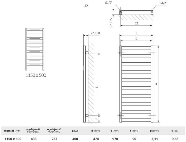 Grzejnik łazienkowy dekoracyjny Czarny HERMES BLACK MAT 115x50 LaVita