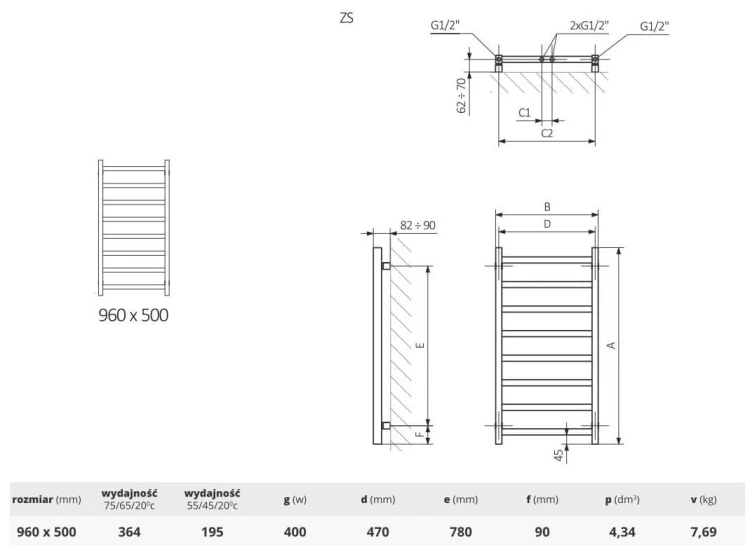 Grzejnik łazienkowy dekoracyjny LUNGO METALIC GREY 96x50 LaVita