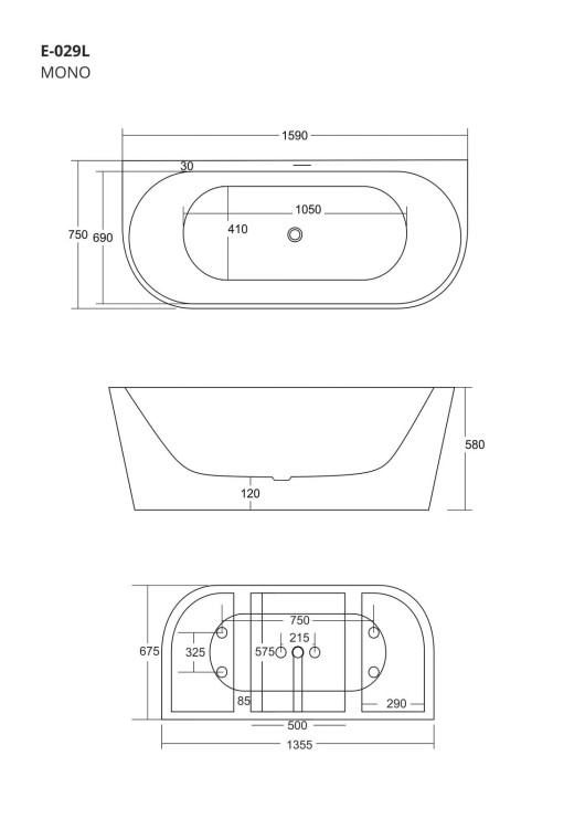 Wanna przyścienna wolnostojąca ze szczeliną corsan mono 160 x 75 cm korek chrom