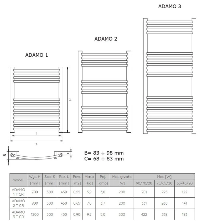 Grzejnik łazienkowy dekoracyjny Radeco Adamo 1 T CR 70x50cm chrom