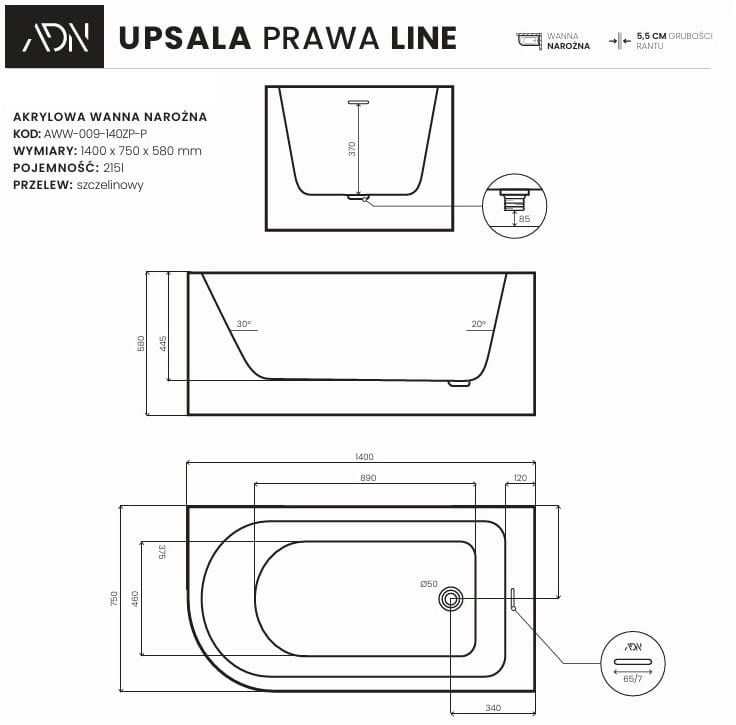 Wanna narożna UPSALA LINE prawa 140x75 AD NATURALNIE
