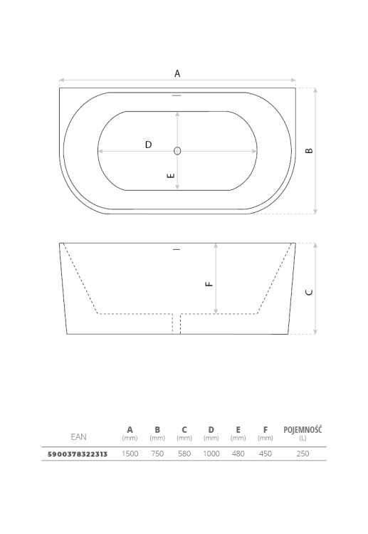 Wanna wolnostojąca przyścienna Caldera 150x75 Lavita biała