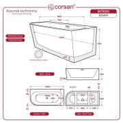 Wanna wolnostojąca narożna corsan intero 150 x 74 z szeroką krawędzią montaż lewostronny korek klik-klak chrom