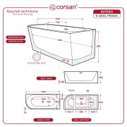 Wanna wolnostojąca narożna corsan intero 170 x 73 montaż prawostronny korek klik-klak szczotkowane złoto