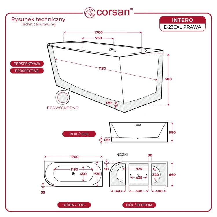 Wanna wolnostojąca narożna corsan intero 170 x 73 montaż prawostronny korek klik-klak szczotkowane złoto