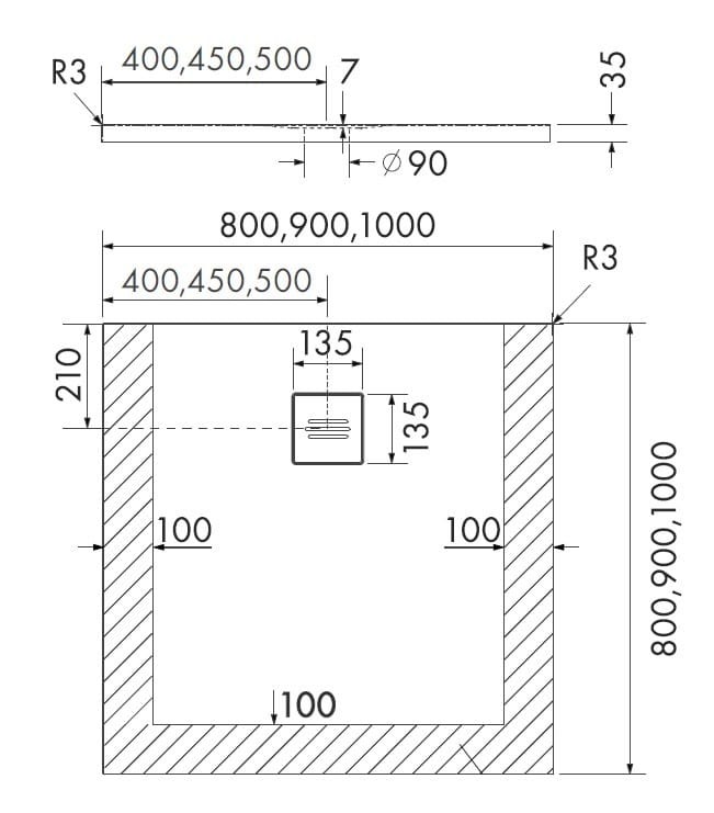 Brodzik kwadratowy PROTOS CASHMERE STONE 80x80 Schedpol Schedline, kaszmir - odpływ środek