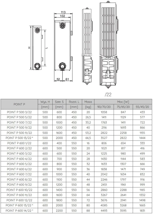 Grzejnik pokojowy dekoracyjny Radeco Point P 600 1/22 60x40cm biały