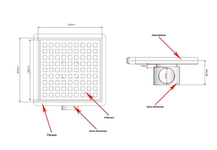 Wpust podłogowy z metalowym syfonem Kesmet Point 20x20 cm z pokrywą