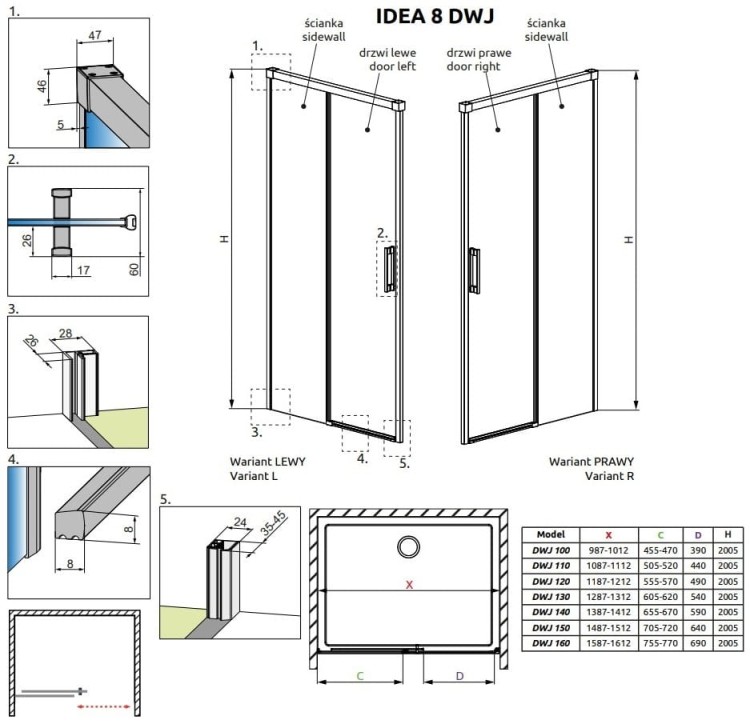 Drzwi prysznicowe Idea 8 Brushed Gold DWJ Radaway lewe przejrzyste