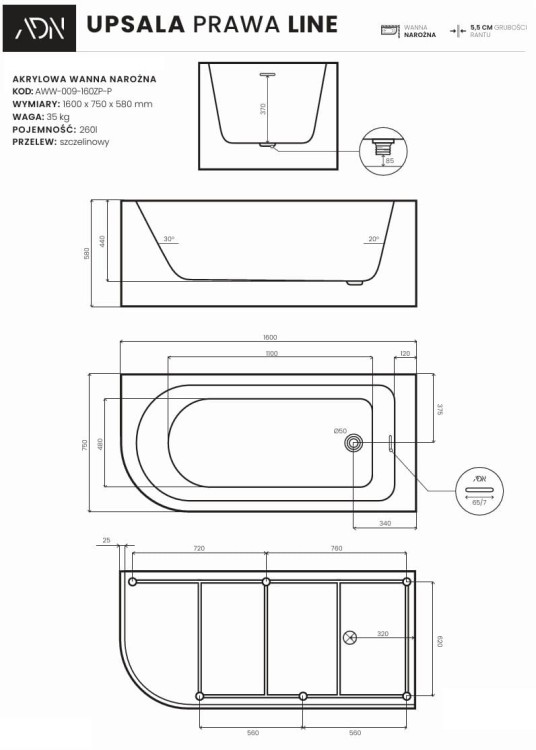 Wanna narożna UPSALA LINE prawa 160x75 AD NATURALNIE