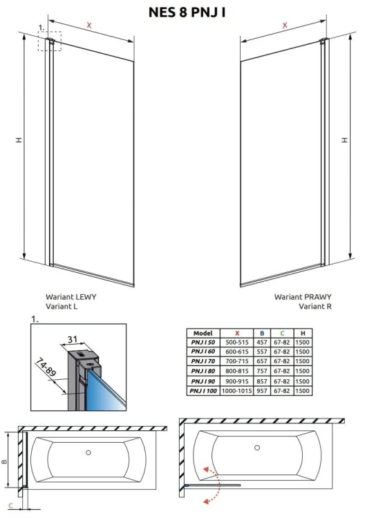 Parawan nawannowy Radaway Nes 8 Black PNJ I lewy przejrzysty