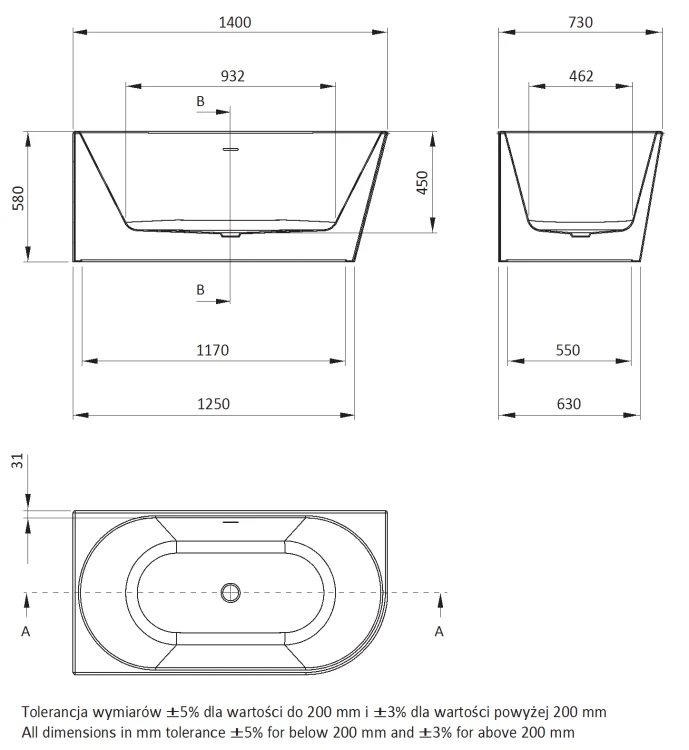 Wanna akrylowa narożna wolnostojąca lewa 140x73 Silia Deante
