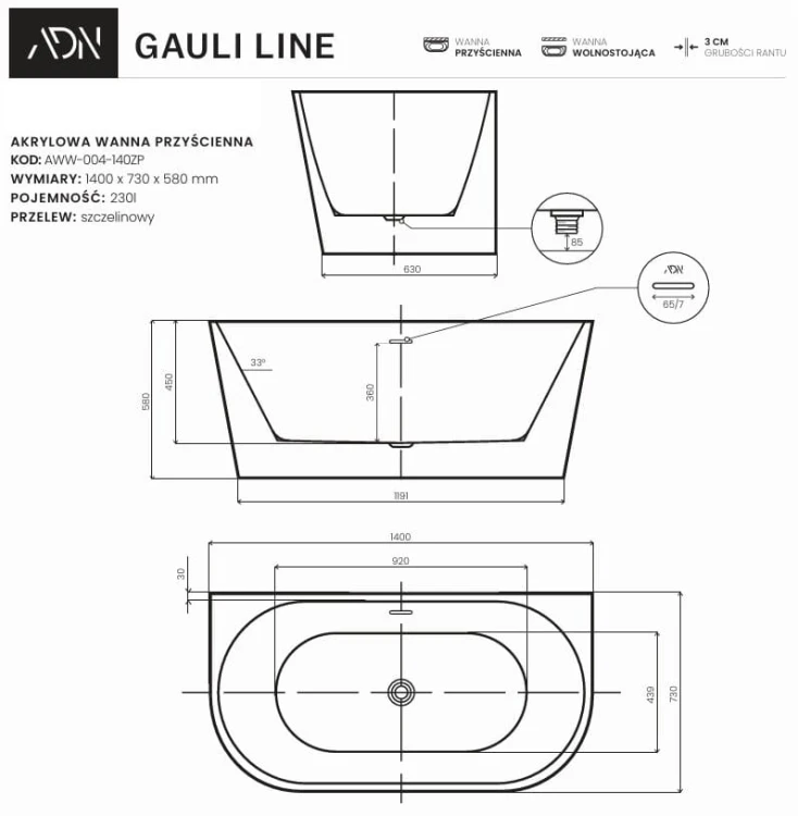 Wanna przyścienna wolnostojąca GAULI LINE 140x73 AD NATURALNIE
