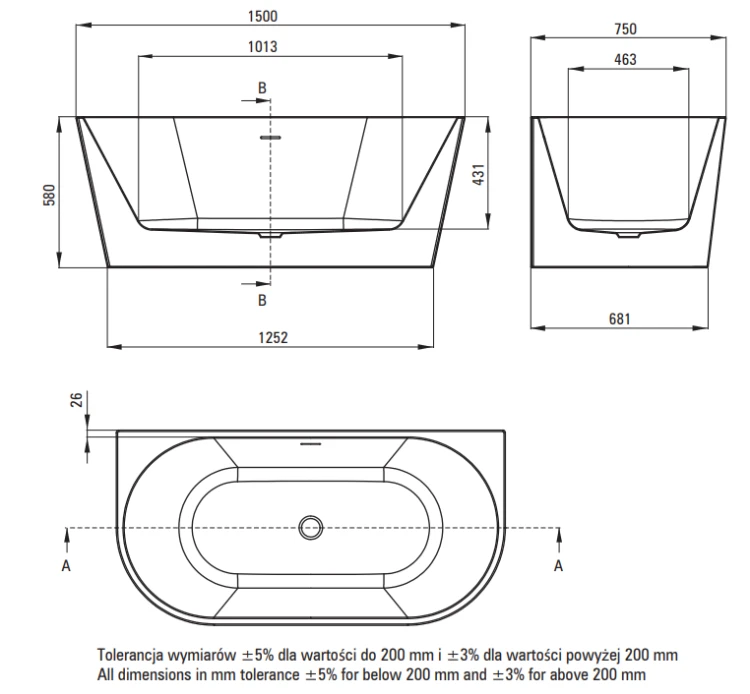 Wanna akrylowa przyścienna/wolnostojąca 150 cm Silia Deante