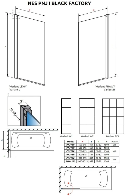 Parawan nawannowy Radaway Nes Black PNJ I Factory prawy