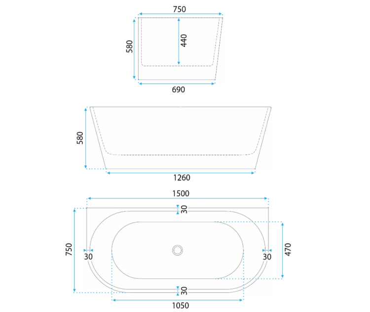 Wanna akrylowa przyścienna Capri 150x75 cm REA