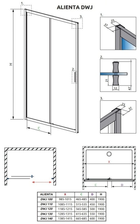 Drzwi prysznicowe Radaway Alienta Black DWJ 140x190 przejrzyste