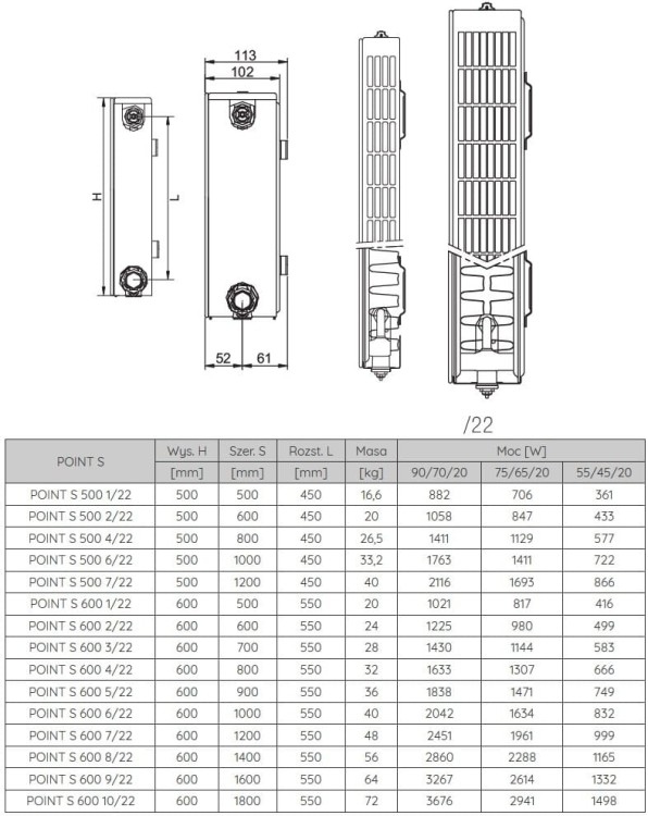 Grzejnik pokojowy dekoracyjny Radeco Point S 500 6/22 50x100cm biały