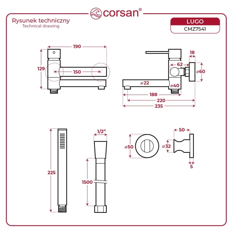 Bateria wannowa ścienna lugo cmz7541bsl z zestawem natryskowym stal szczotkowana