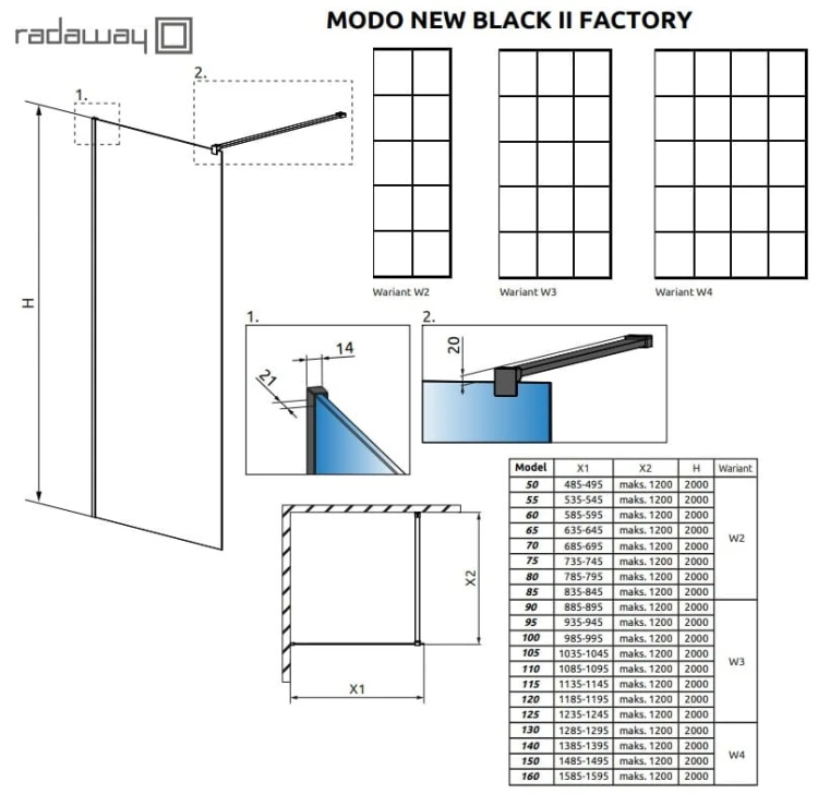 Kabina Radaway Modo New Black II Factory 90x200 szkło przejrzyste