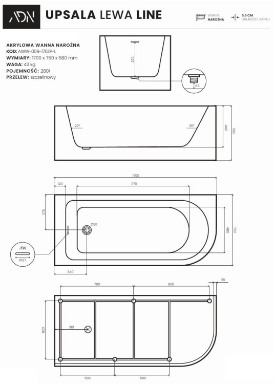 Wanna narożna UPSALA LINE lewa 170x75 AD NATURALNIE