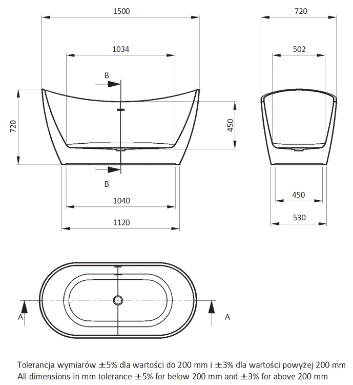 Wanna akrylowa wolnostojąca owalna 150x72 Arnika Deante