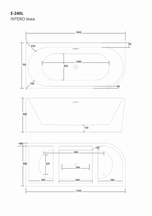 Wanna wolnostojąca narożna corsan intero 160 x 74 z szeroką krawędzią montaż lewostronny korek klik-klak szczotkowane złoto
