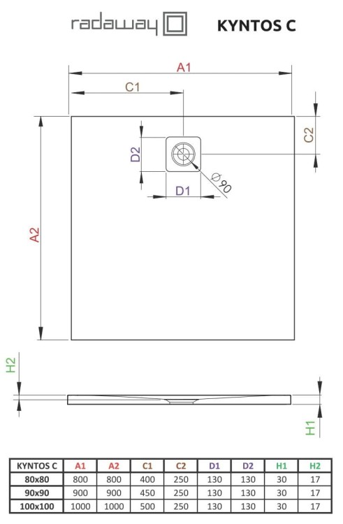 Brodzik kwadratowy Kyntos C 90x90 biały Radaway