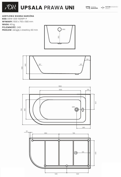 Wanna narożna UPSALA UNI prawa 150x75 AD NATURALNIE