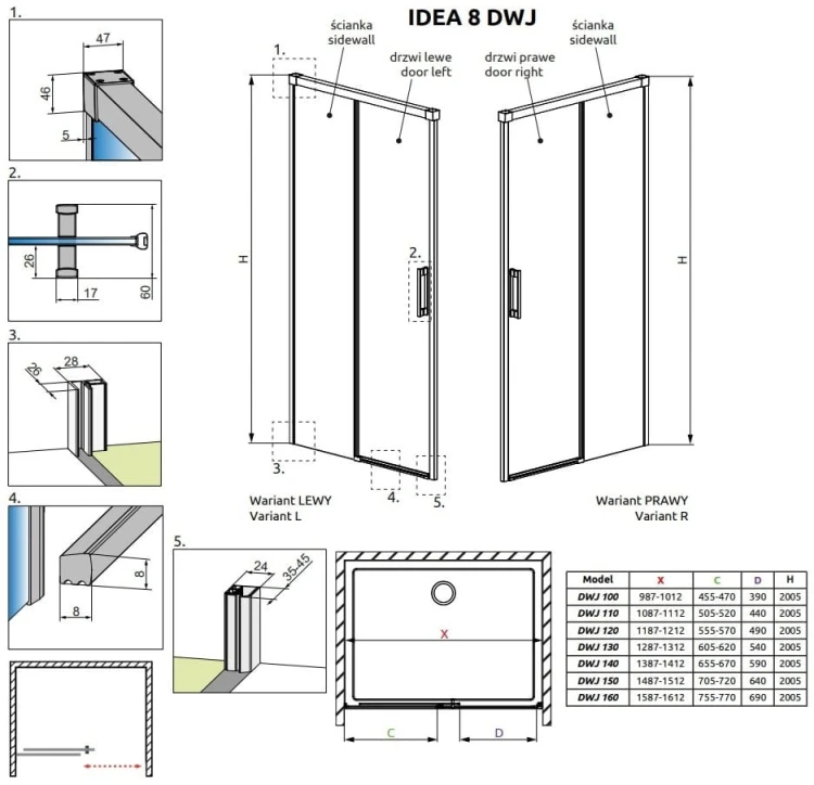 Drzwi prysznicowe Idea 8 Brushed Gold DWJ Radaway prawe przejrzyste