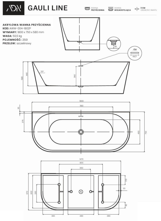 Wanna przyścienna wolnostojąca GAULI LINE 180x75 AD NATURALNIE