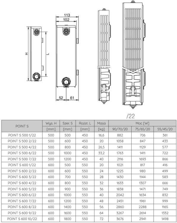 Grzejnik pokojowy dekoracyjny Radeco Point S 500 2/22 50x60cm biały