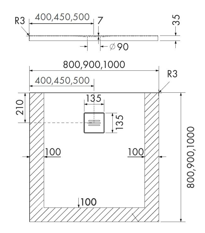 Brodzik kwadratowy PROTOS CASHMERE STONE 90x90 Schedpol Schedline, kaszmir - odpływ środek