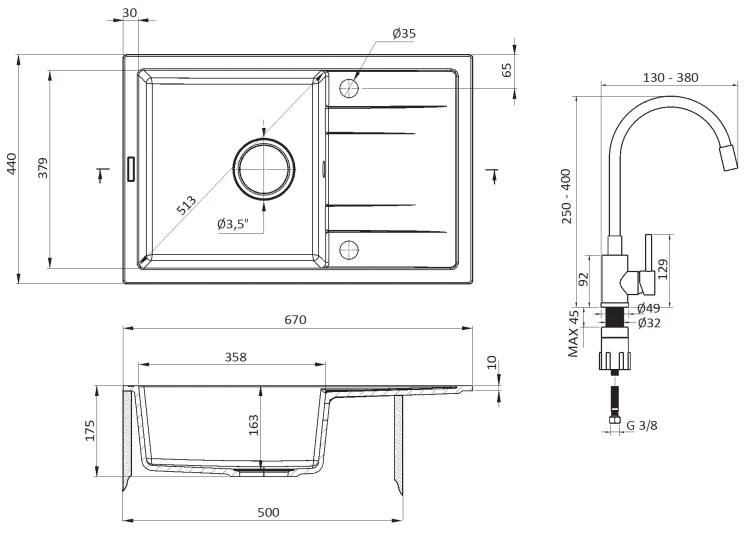 Zlewozmywak granitowy z baterią 1-kom grafit metalik Corio Deante