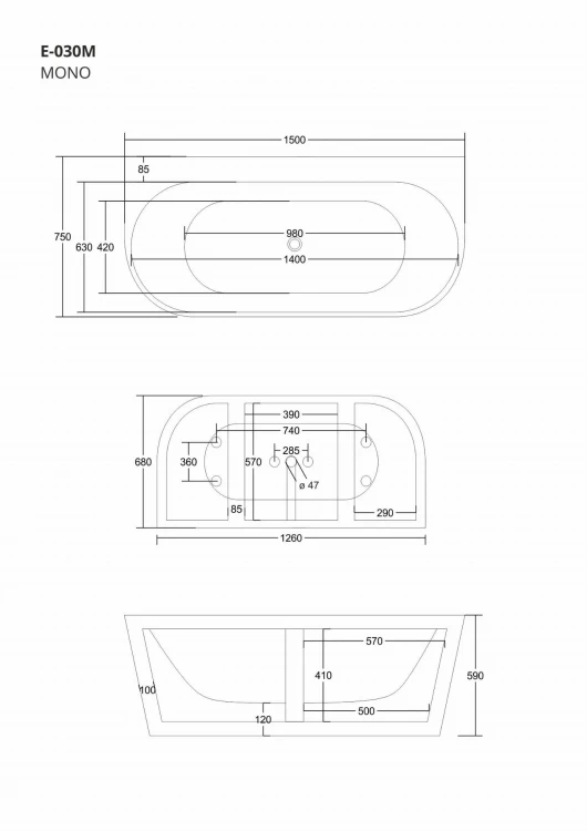 Wanna przyścienna wolnostojąca corsan mono 150 x 75 cm z szeroką krawędzią korek klik-klak szczotkowane złoto